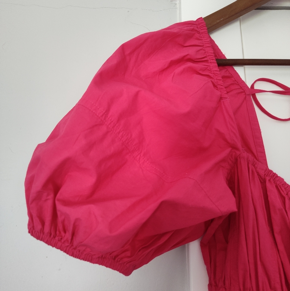 Ulla Johnson Palma Vibrant Barbie Pink Peasant Cotton Puff Sleeve Midi Dress - Picture 9 of 16